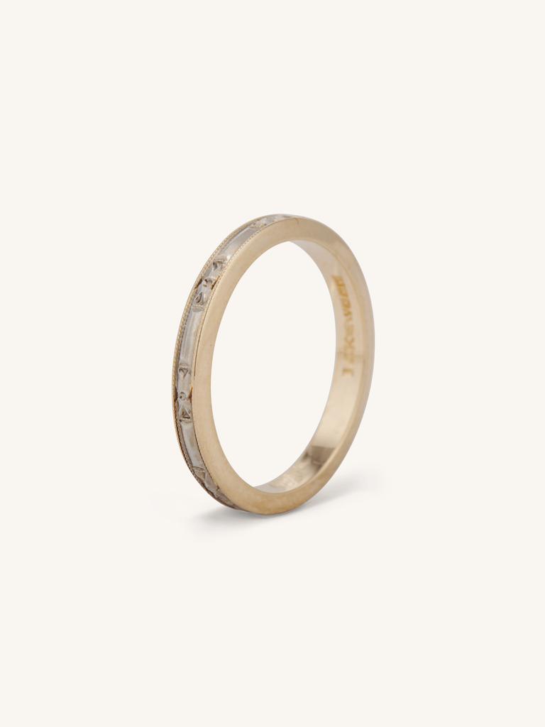 Antique 14k Yellow Gold Two-Tone Geometric Milgrain Wedding Band - Size 5.5 3/4