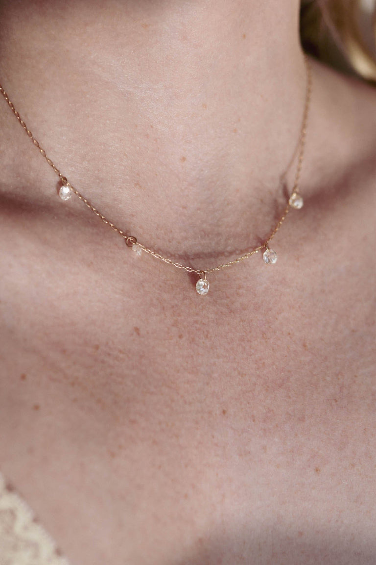 Antique "Floating" Drilled Old Mine Diamond Necklace | Stellar 1.89 on a model