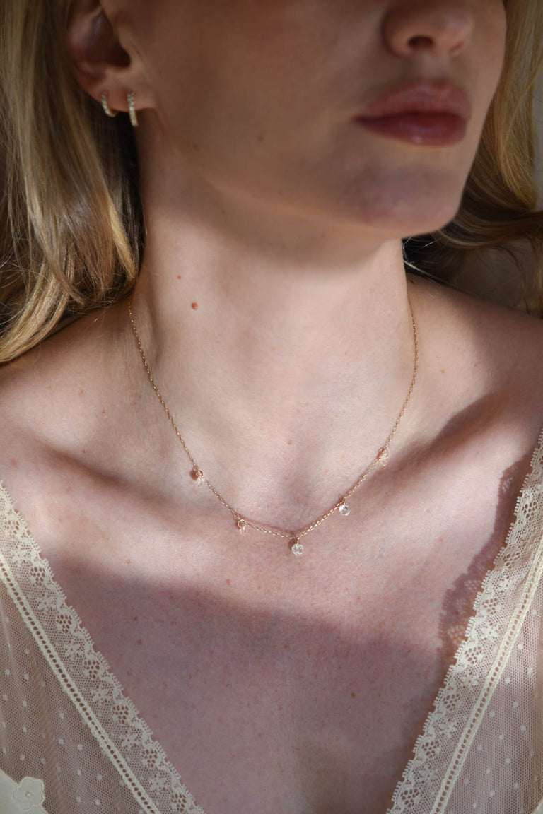 Antique "Floating" Drilled Old Mine Diamond Necklace | Stellar 1.89 on a model 2