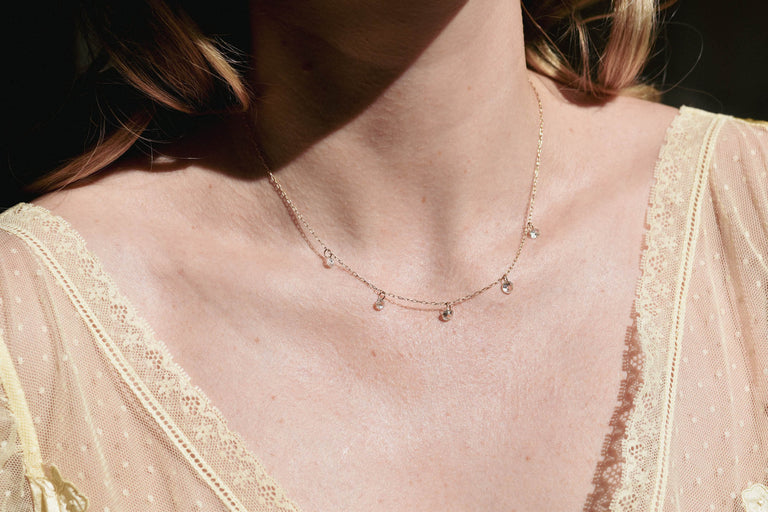 Antique "Floating" Drilled Old Mine Diamond Necklace | Stellar 1.89 on a model 3