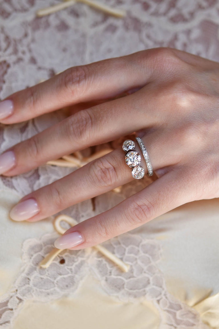 Antique Old European Cut Diamond Platinum Three Stone Engagement Ring rule of three 1.57