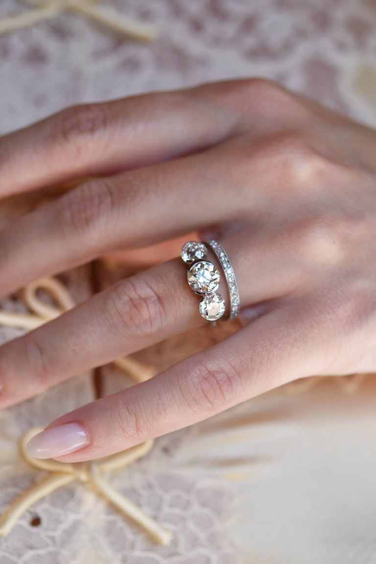 Antique Old European Cut Diamond Platinum Three Stone Engagement Ring rule of three 1.57