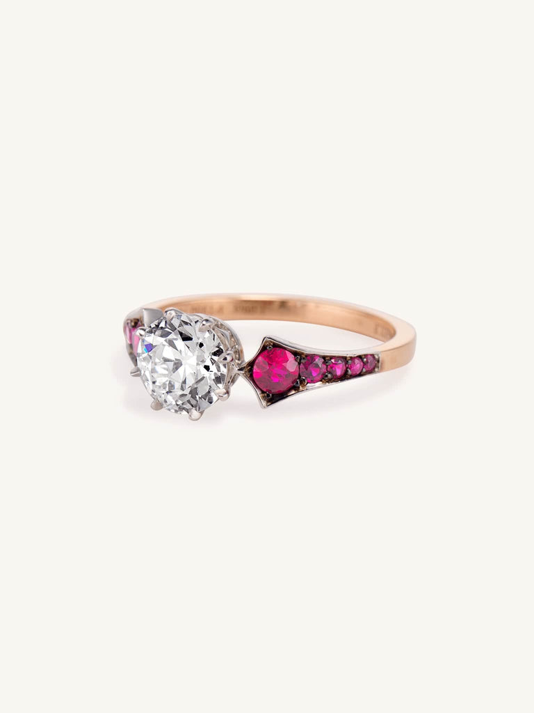 Antique Old European Cut Diamond Vintage Inspired Blackened Metal Engagement Ring Ruby Wings 1.20