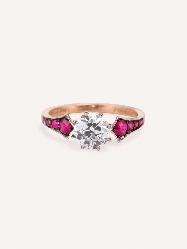 Antique Old European Cut Diamond Vintage Inspired Blackened Metal Engagement Ring Ruby Wings 1.20