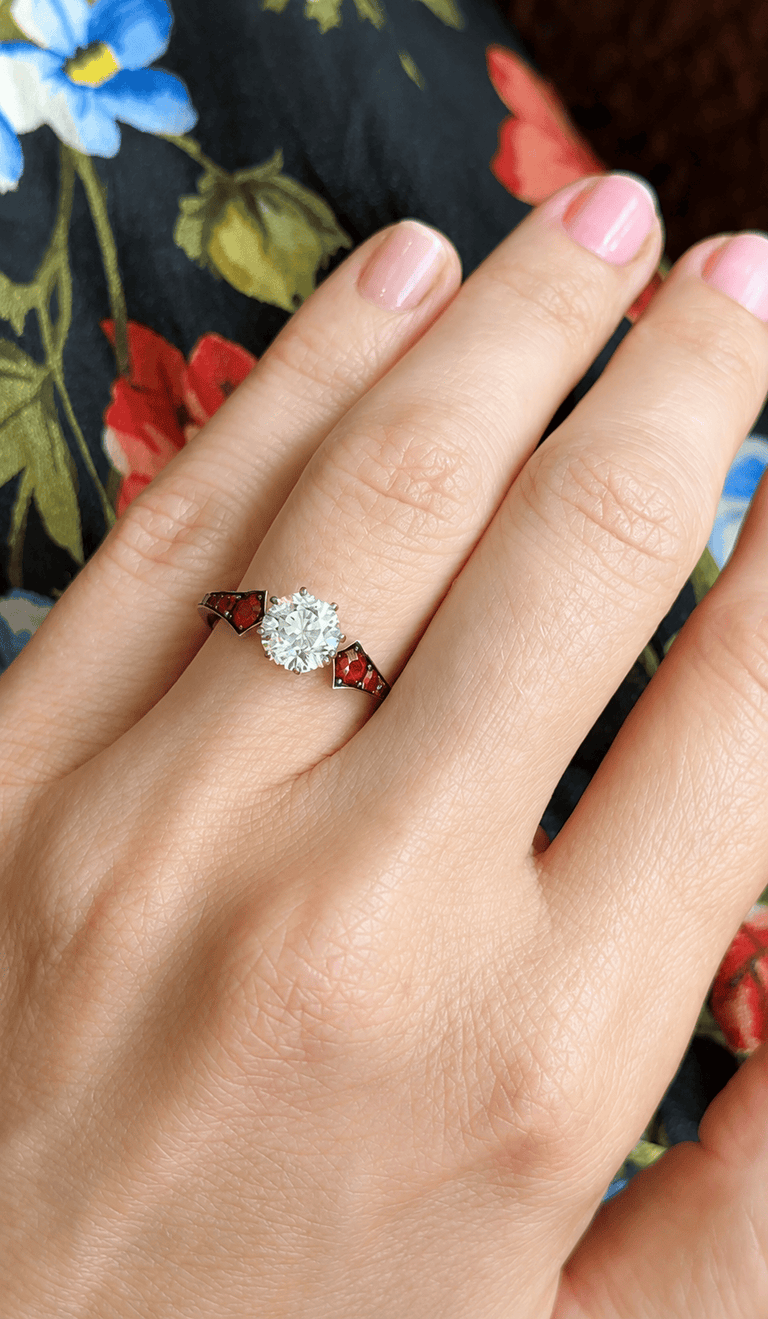 Antique Old European Cut Diamond Vintage Inspired Blackened Metal Engagement Ring Ruby Wings 1.20 On a Hand