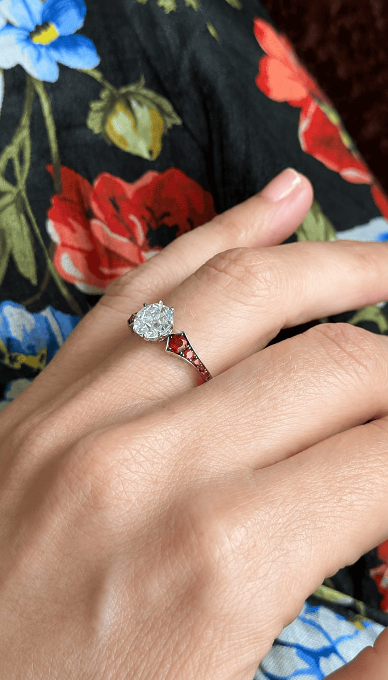 Antique Old European Cut Diamond Vintage Inspired Blackened Metal Engagement Ring Ruby Wings 1.20 On a Hand