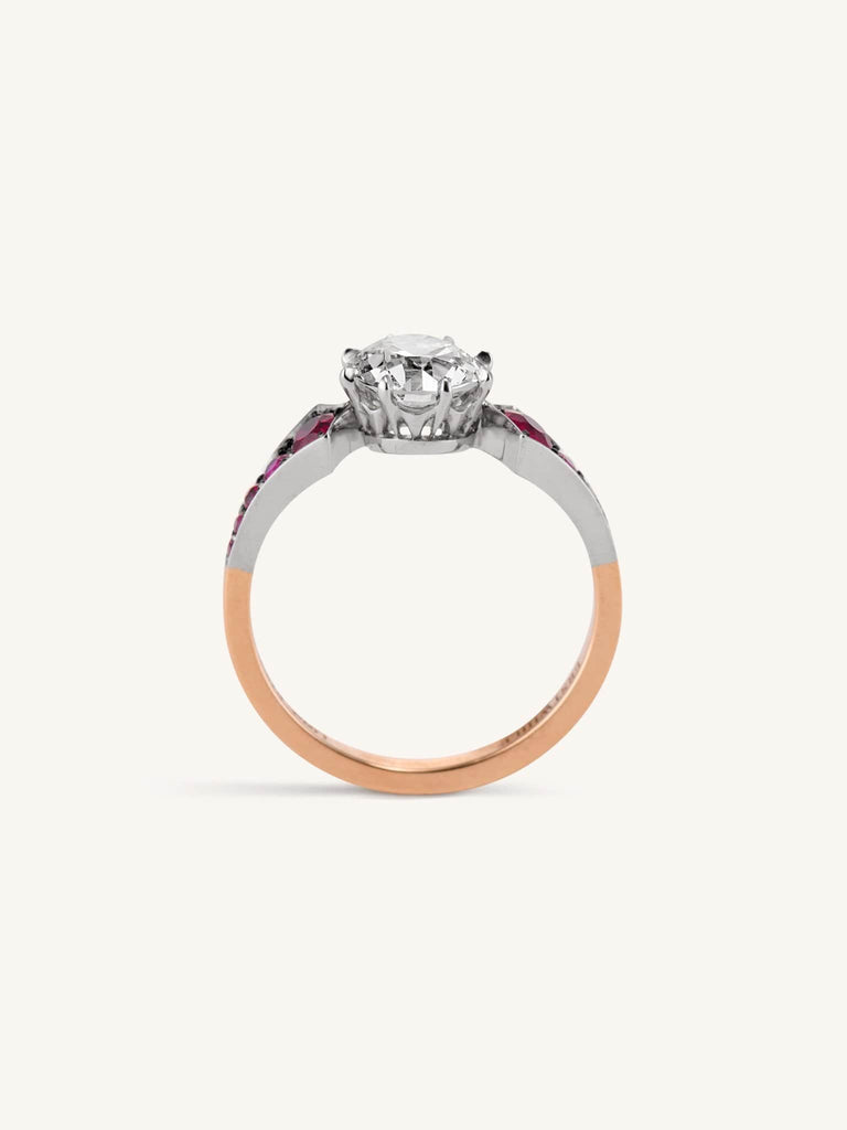 Antique Old European Cut Diamond Vintage Inspired Blackened Metal Engagement Ring Ruby Wings 1.20