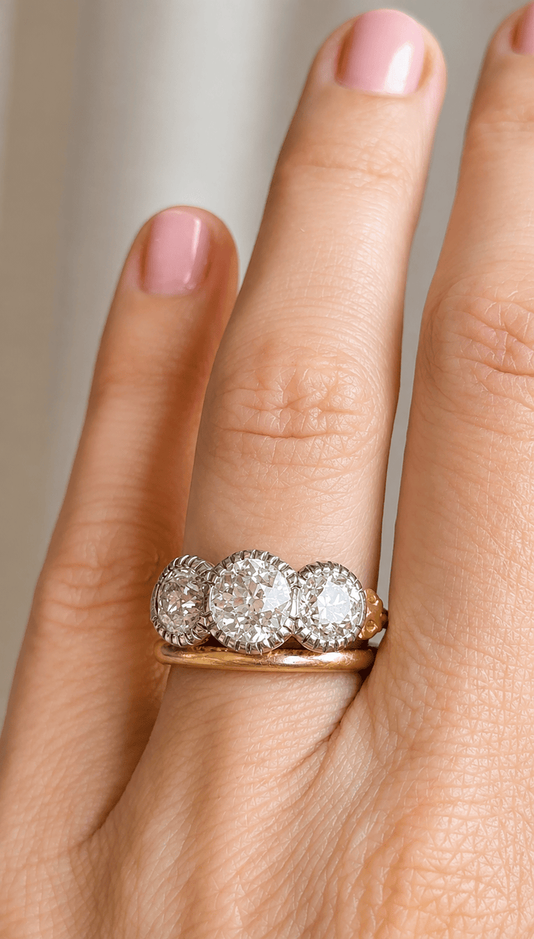 Antique Old European Cut Diamond Vintage Inspired Three Stone Engagement Ring Callisto 
