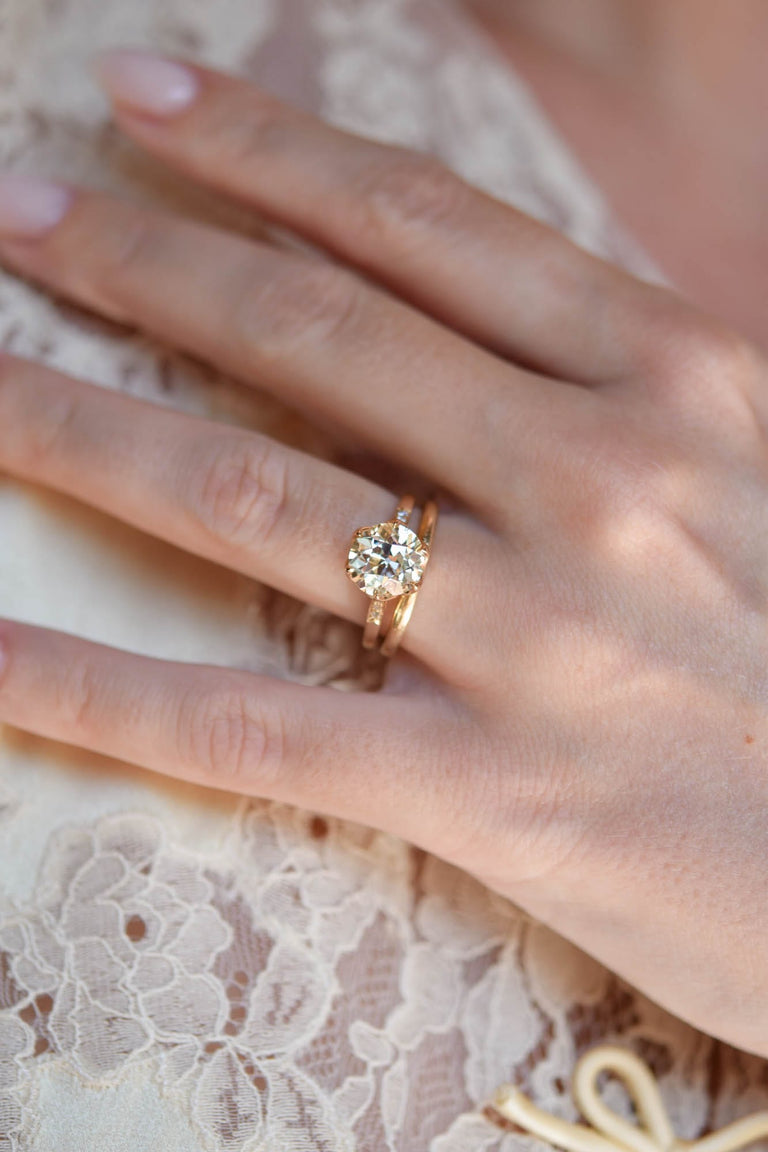 Antique Old European Cut Diamond Vintage Inspired Yellow Gold Engagement Ring Hydra 2.91 on a hand