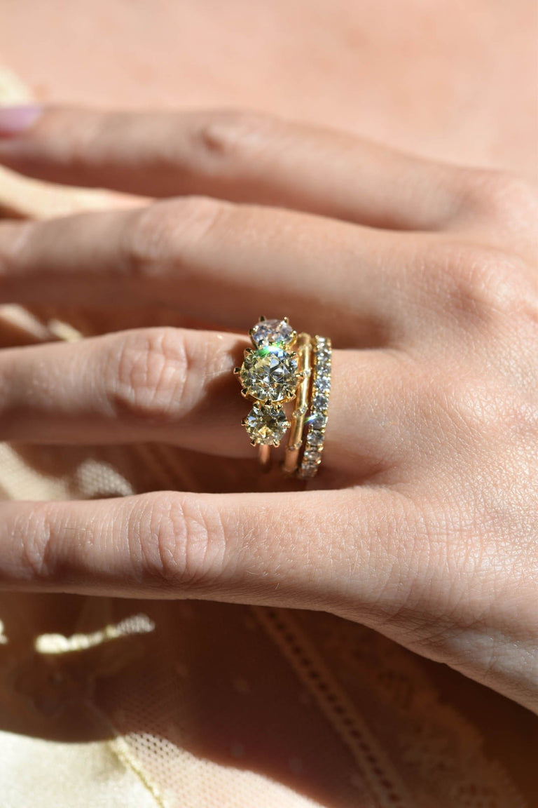 Antique Old European Diamond 18k Gold Three Stone Engagement Ring | Strela on a hand 