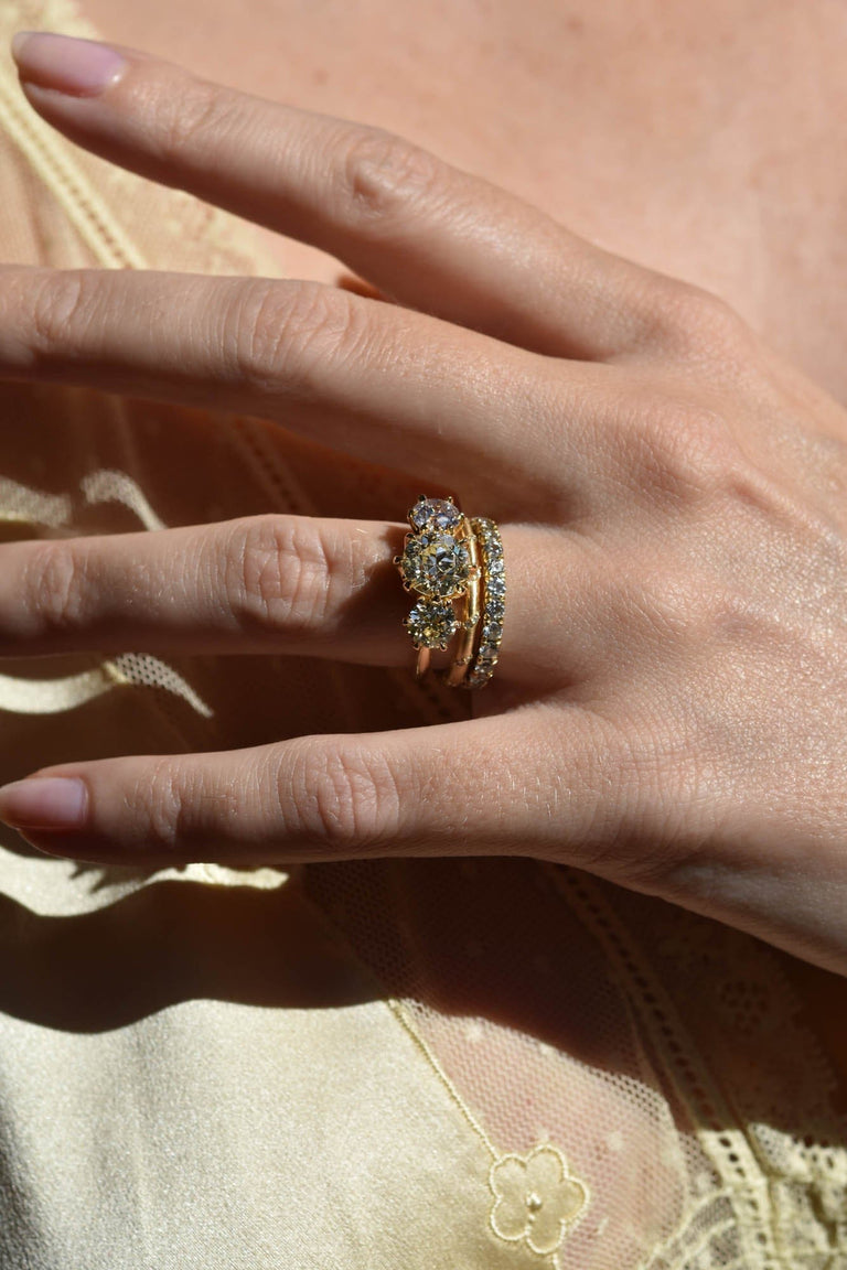 Antique Old European Diamond 18k Gold Three Stone Engagement Ring | Strela on a hand 3