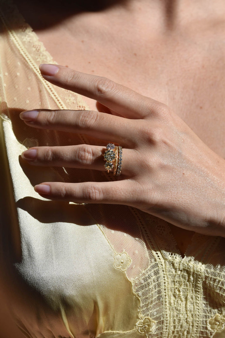 Antique Old European Diamond 18k Gold Three Stone Engagement Ring | Strela on a hand 4