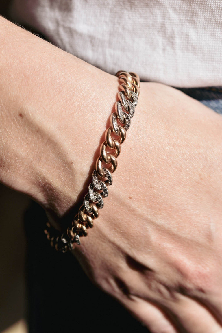 Antique Silver Topped Gold & Rose Cut Diamond Curb Link Bracelet, France on a model