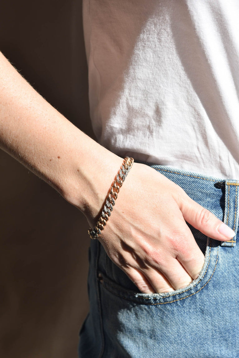 Antique Silver Topped Gold & Rose Cut Diamond Curb Link Bracelet, France on a model 2