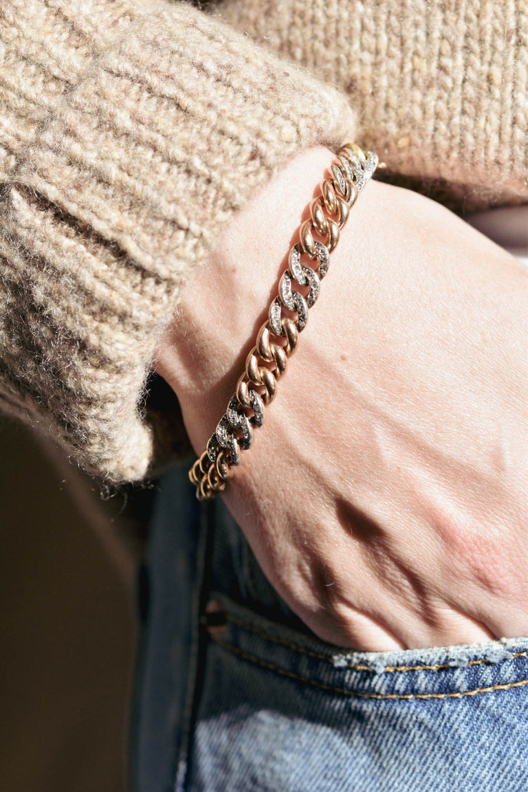 Antique Silver Topped Gold & Rose Cut Diamond Curb Link Bracelet, France on a model 4