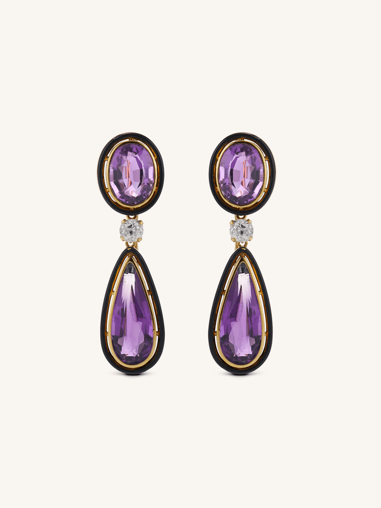 Antique Victorian French amethyst and black enamel convertible earrings in 18K yellow gold with old mine cut diamonds, circa 1870s