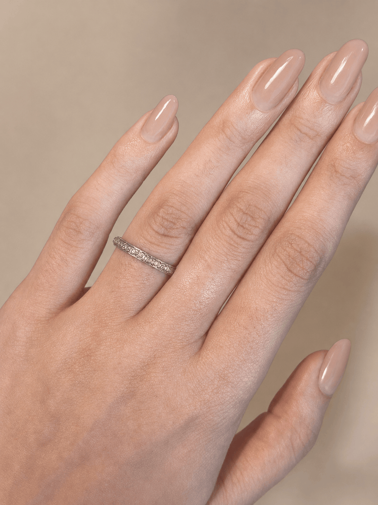 1925 Art Deco Hand-Engraved Florette Platinum Antique Wedding Band Inscribed "L.A.B – G.V.M. 6.22.25" - Size 6.75