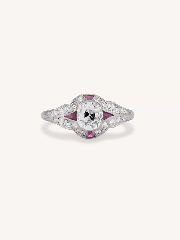 Art Deco 1.03 Carat Old Mine Diamond & Ruby Platinum Antique Engagement Ring