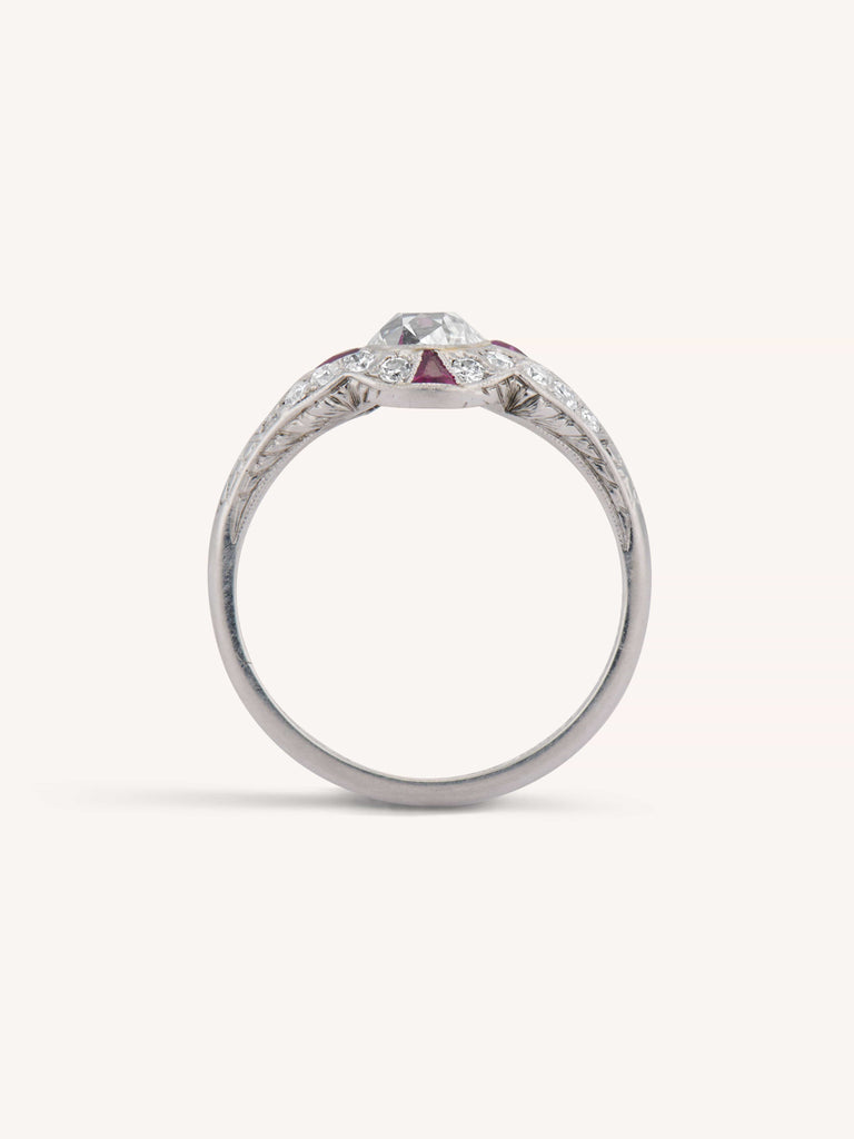 Art Deco 1.03 Carat Old Mine Diamond & Ruby Platinum Antique Engagement Ring