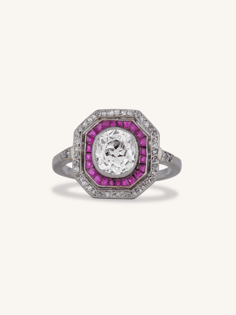 Art Deco 1.30 Carat Old Mine Cut Diamond & Ruby Antique Target Ring