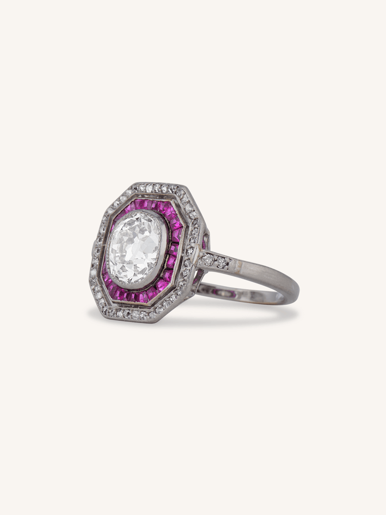 Art Deco 1.30 Carat Old Mine Cut Diamond & Ruby Antique Target Ring