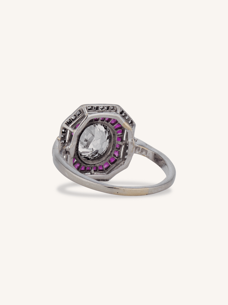 Art Deco 1.30 Carat Old Mine Cut Diamond & Ruby Antique Target Ring