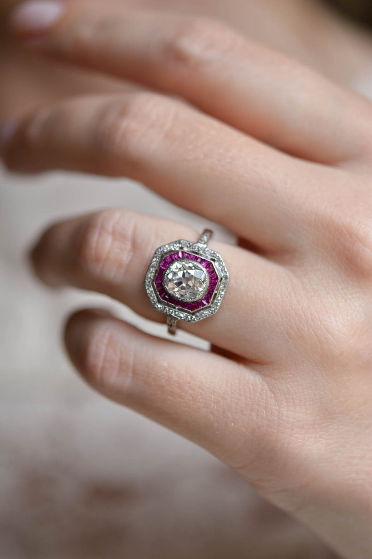 Art Deco 1.30 Carat Old Mine Cut Diamond & Ruby Antique Target Ring