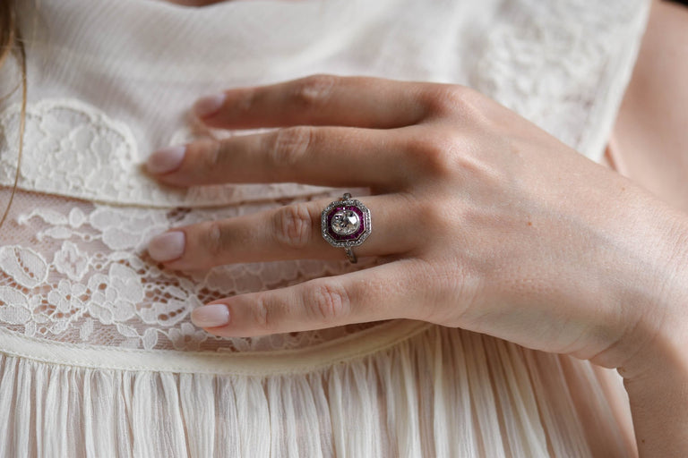 Art Deco 1.30 Carat Old Mine Cut Diamond & Ruby Antique Target Ring