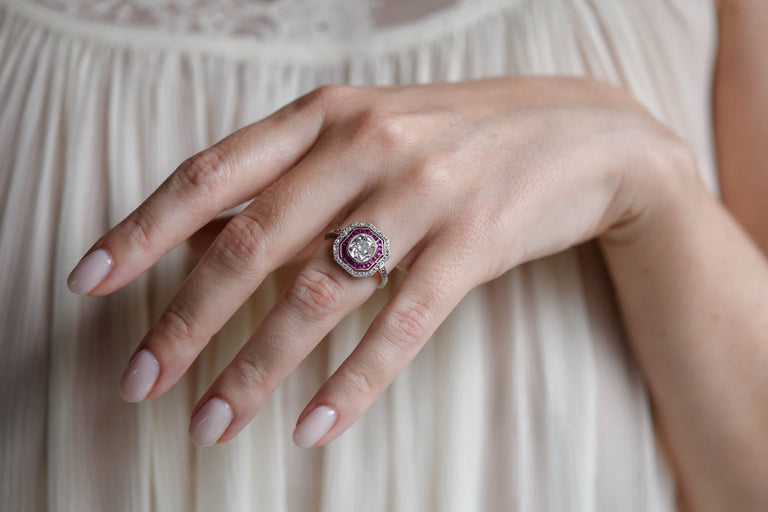 Art Deco 1.30 Carat Old Mine Cut Diamond & Ruby Antique Target Ring