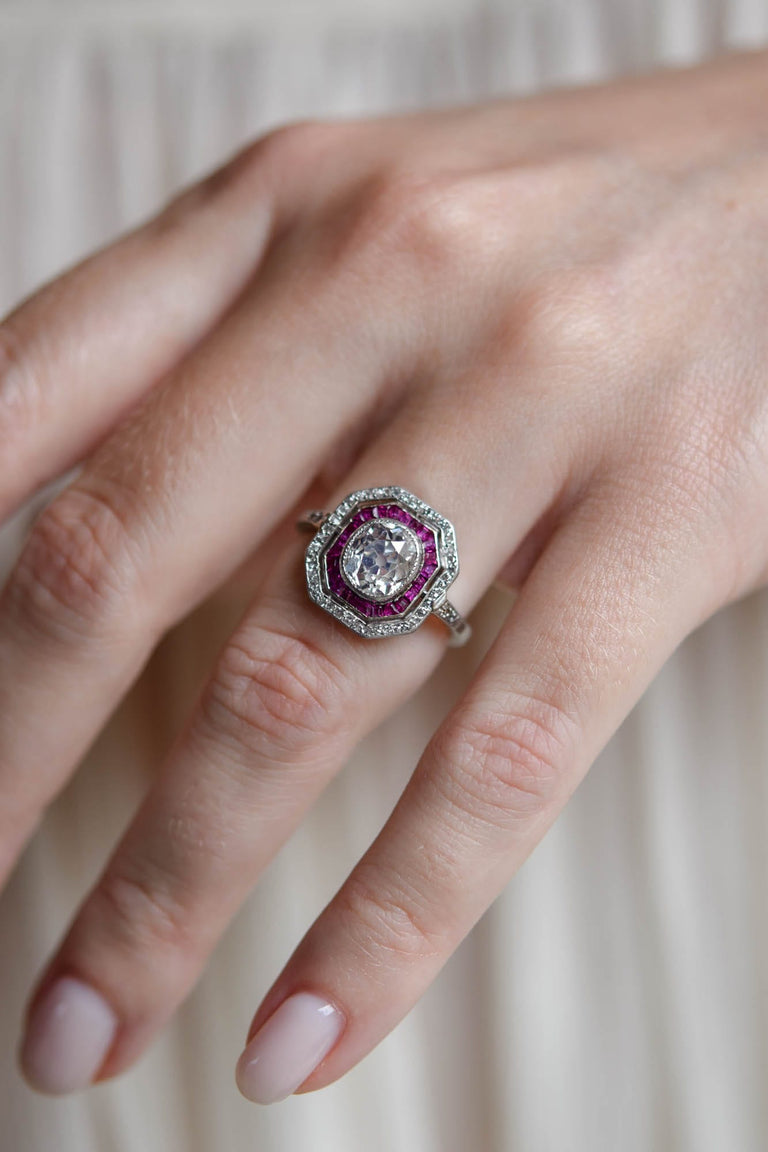 Art Deco 1.30 Carat Old Mine Cut Diamond & Ruby Antique Target Ring