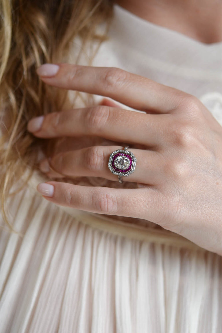 Art Deco 1.30 Carat Old Mine Cut Diamond & Ruby Antique Target Ring