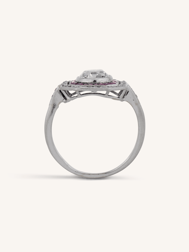 Art Deco 1.30 Carat Old Mine Cut Diamond & Ruby Antique Target Ring