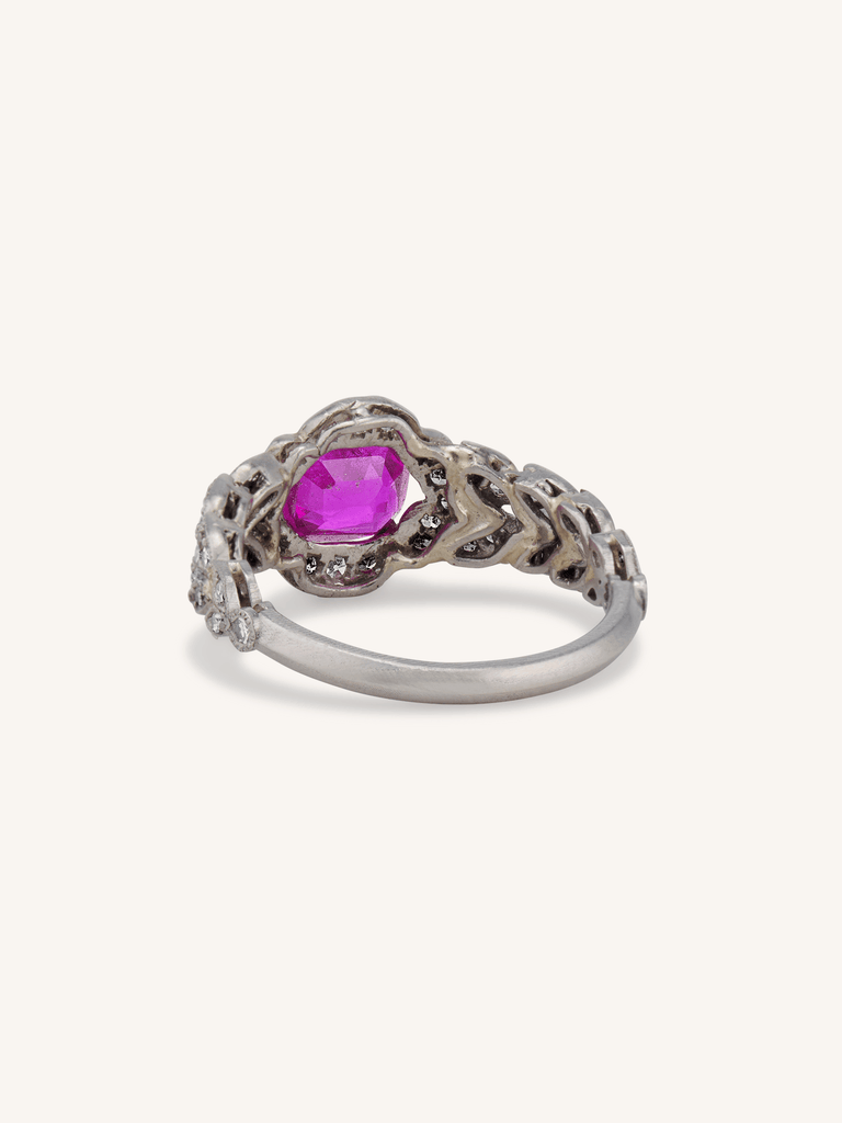 Art Deco 1.55 Carat Cushion Cut Burmese Ruby and Diamond Vintage Ring