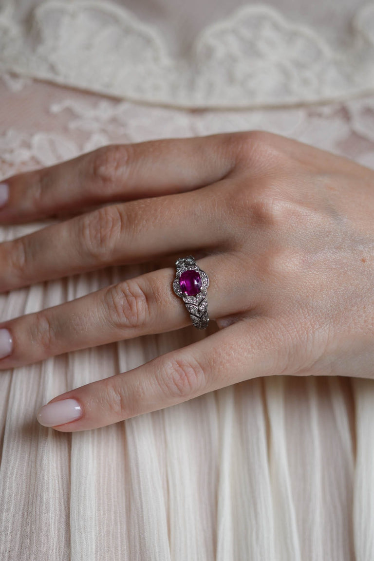 Art Deco 1.55 Carat Cushion Cut Burmese Ruby and Diamond Vintage Ring