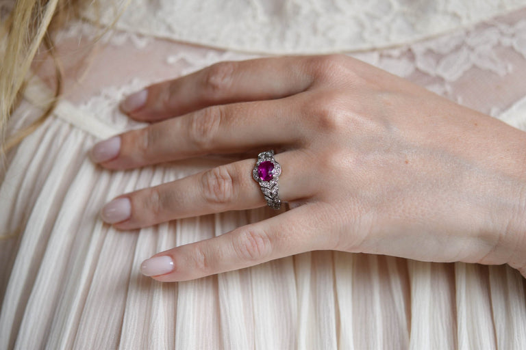 Art Deco 1.55 Carat Cushion Cut Burmese Ruby and Diamond Vintage Ring