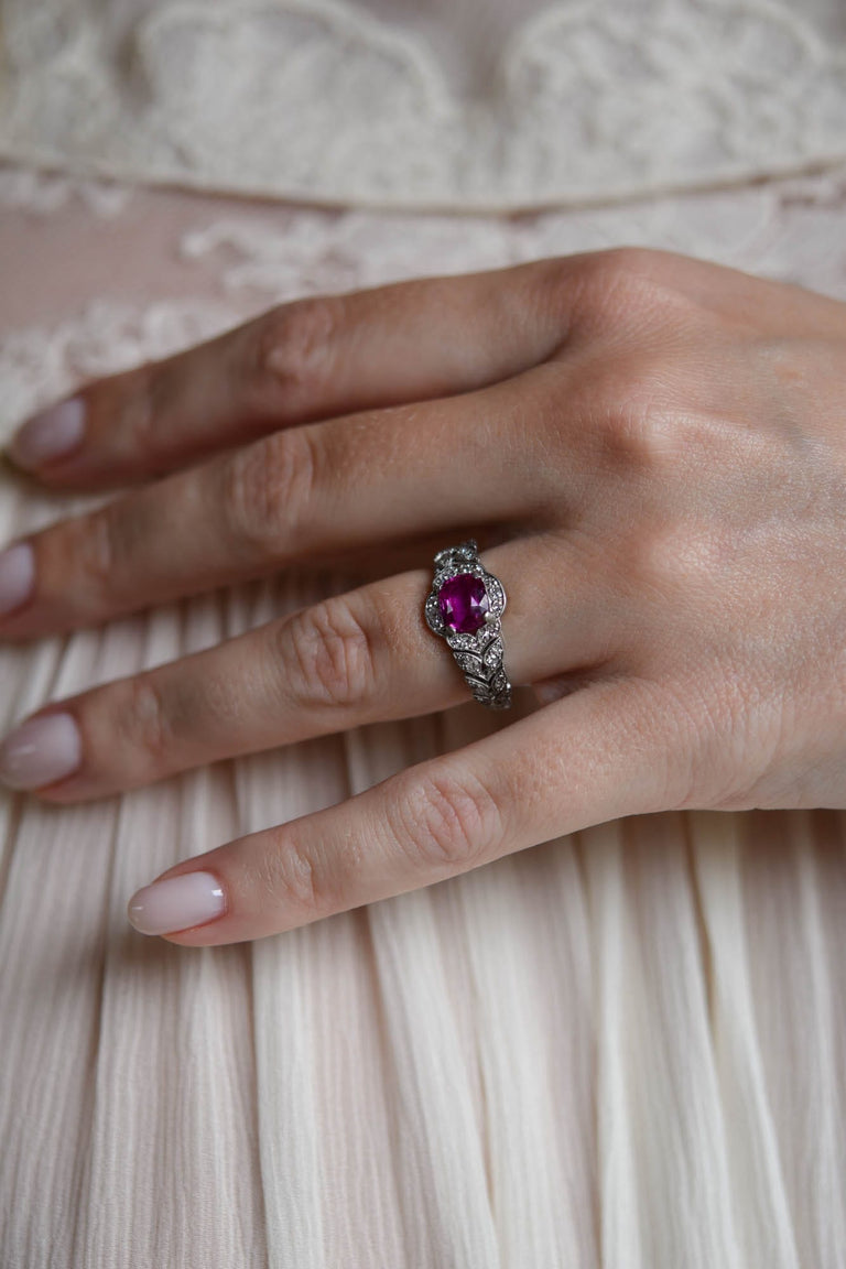 Art Deco 1.55 Carat Cushion Cut Burmese Ruby and Diamond Vintage Ring