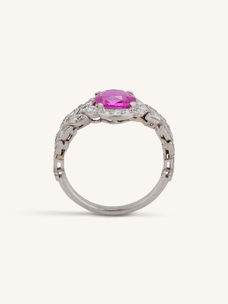 Art Deco 1.55 Carat Cushion Cut Burmese Ruby and Diamond Vintage Ring