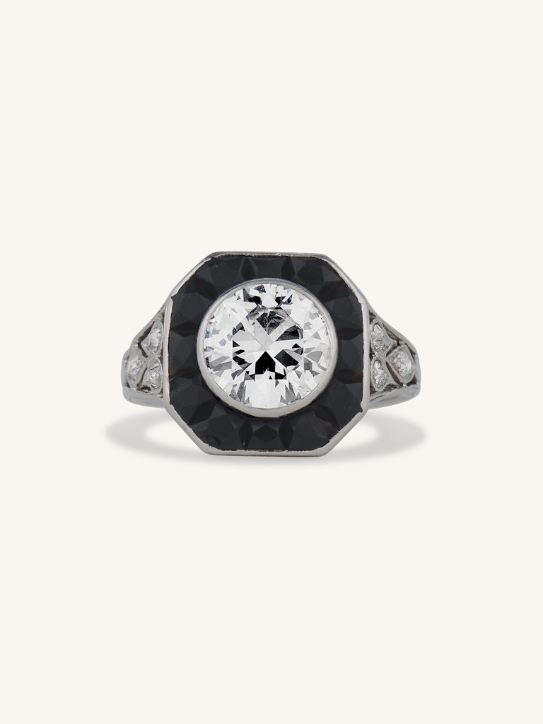 Art Deco 1.60 Carat Transitional Cut Diamond & Onyx Antique Target Ring