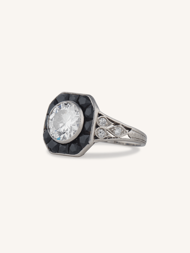 Art Deco 1.60 Carat Transitional Cut Diamond & Onyx Antique Target Ring