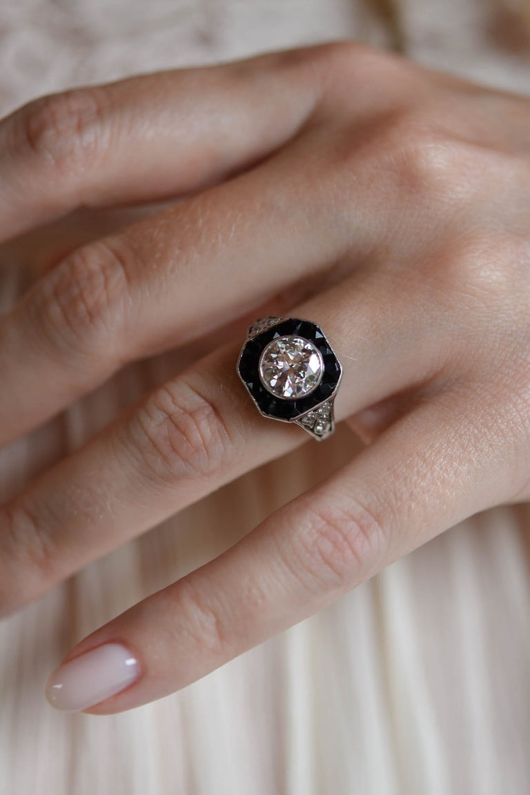 Art Deco 1.60 Carat Transitional Cut Diamond & Onyx Antique Target Ring