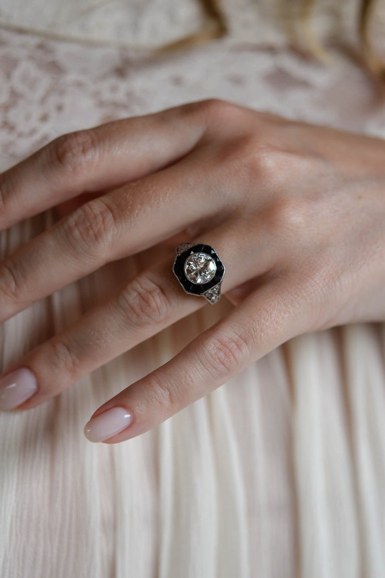Art Deco 1.60 Carat Transitional Cut Diamond & Onyx Antique Target Ring