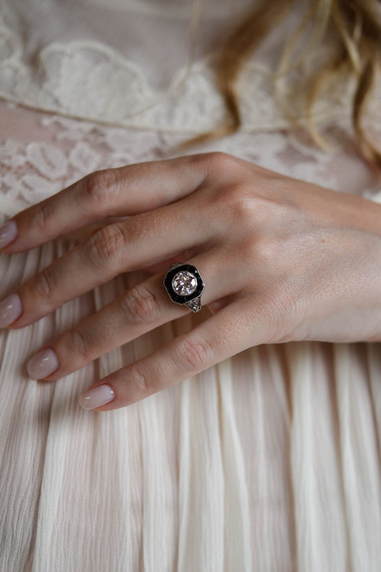 Art Deco 1.60 Carat Transitional Cut Diamond & Onyx Antique Target Ring