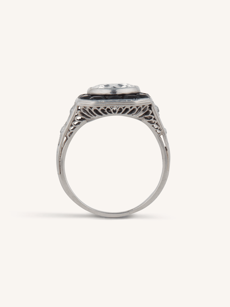 Art Deco 1.60 Carat Transitional Cut Diamond & Onyx Antique Target Ring