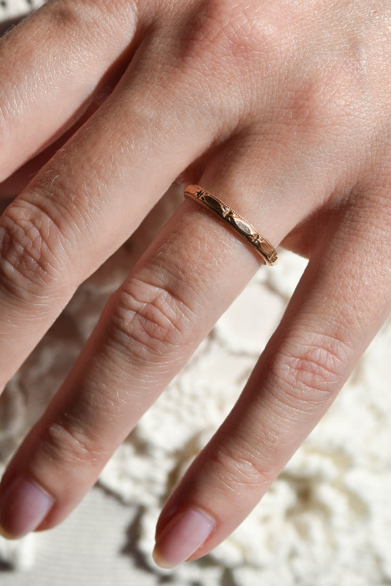 Art Deco 14k Engraved Yellow Gold Antique Band - Size 6.25 on a hand