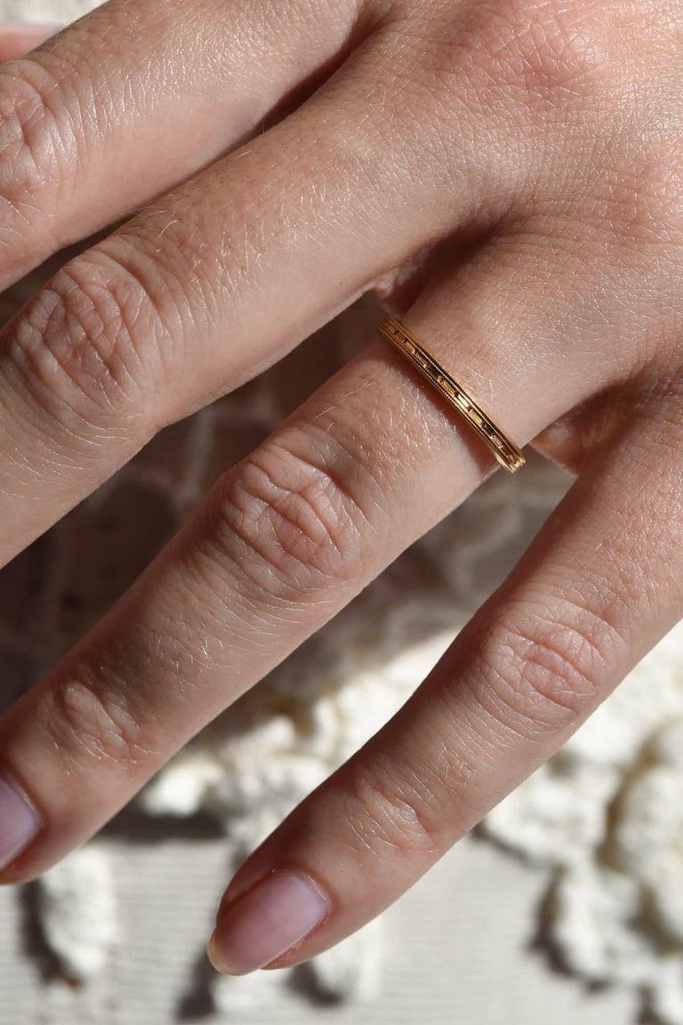 Art Deco 14k Yellow Gold Engraved Antique Band - Size 6.25 on a hand