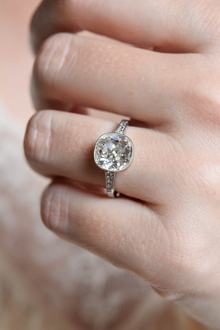 Art Deco 2.97 Carat Old Mine Cut Diamond Bezel Vintage Engagement Ring