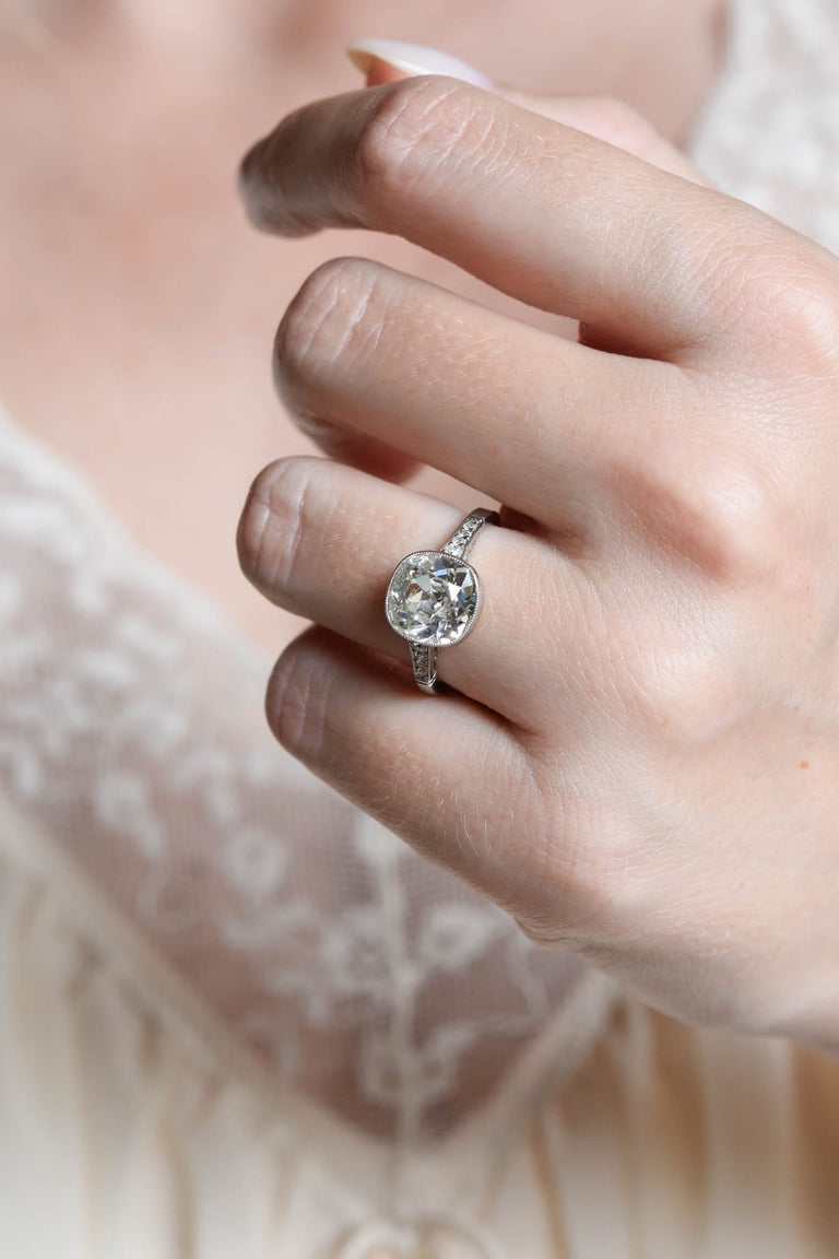Art Deco 2.97 Carat Old Mine Cut Diamond Bezel Vintage Engagement Ring