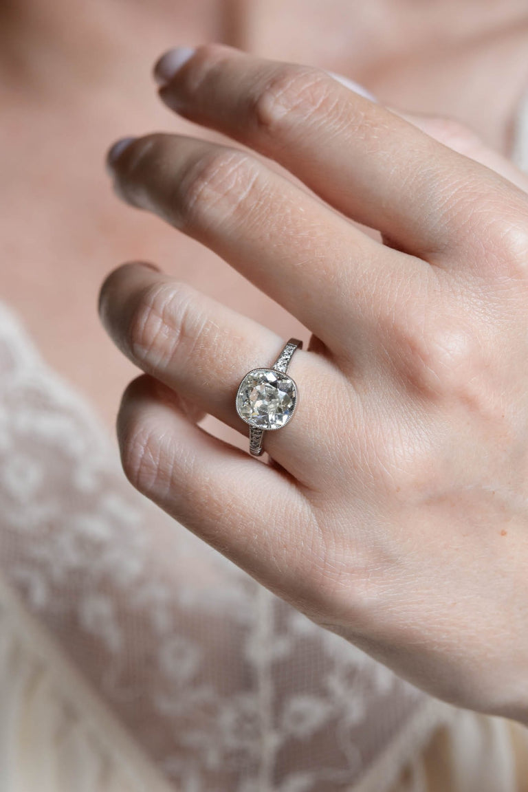 Art Deco 2.97 Carat Old Mine Cut Diamond Bezel Vintage Engagement Ring