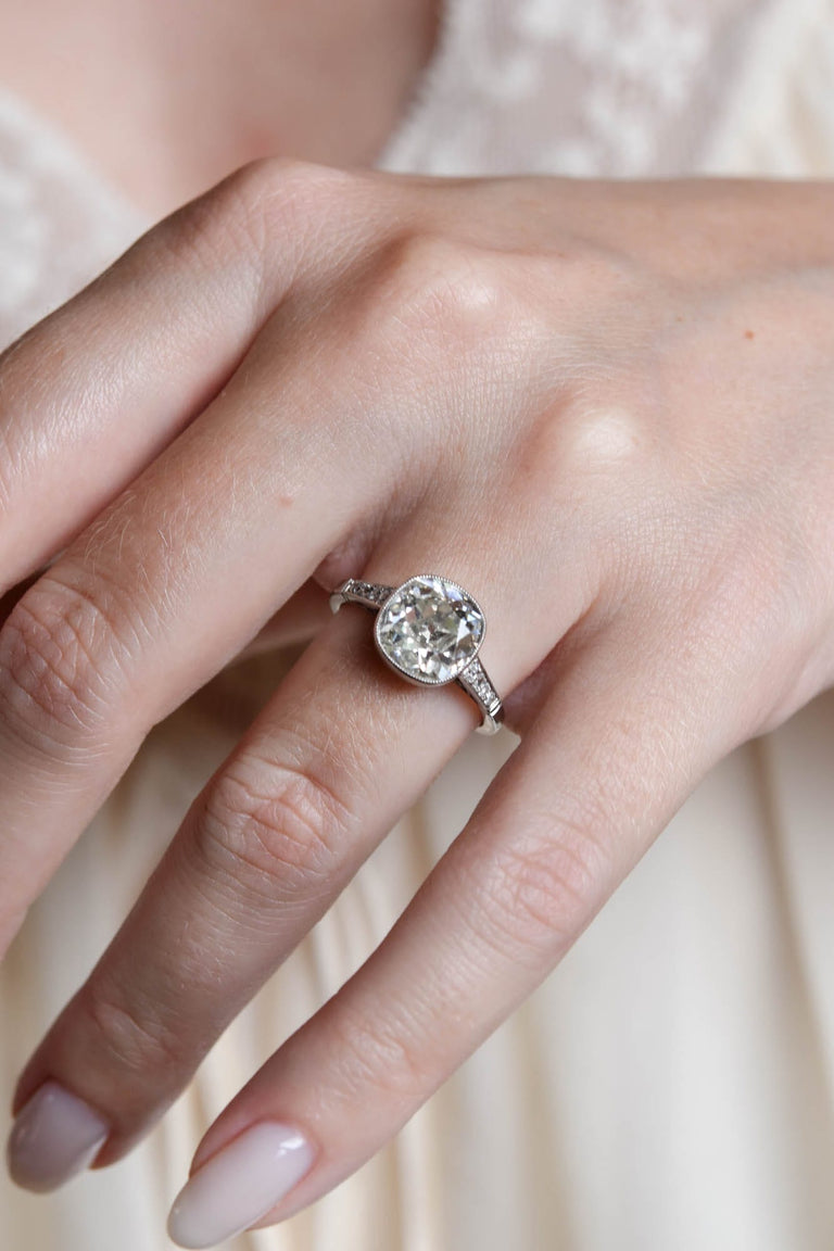 Art Deco 2.97 Carat Old Mine Cut Diamond Bezel Vintage Engagement Ring