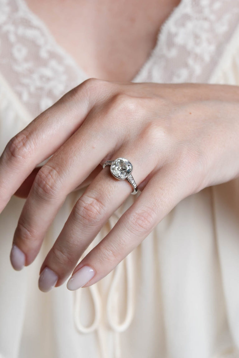 Art Deco 2.97 Carat Old Mine Cut Diamond Bezel Vintage Engagement Ring